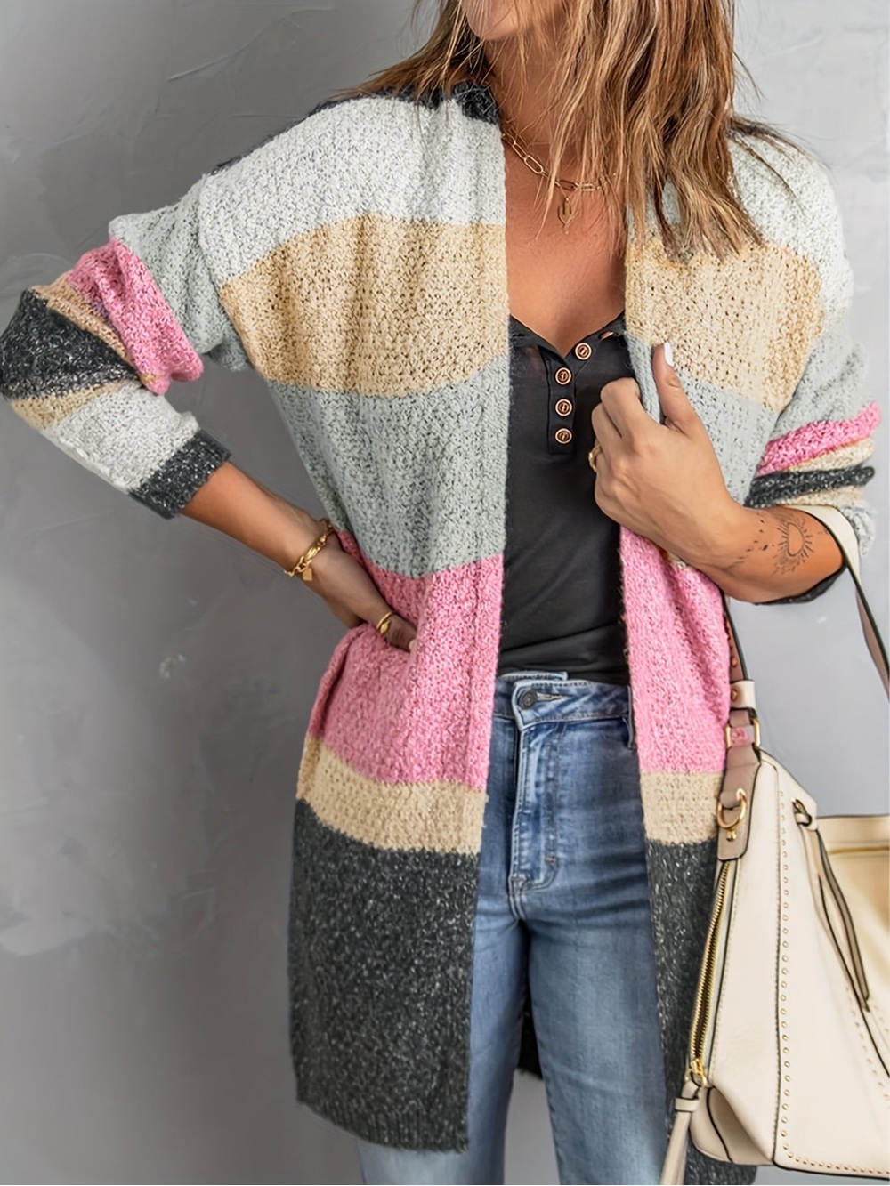 Striped Open-Front Women's Cardigan Sweater - Pink, Gray & Cream